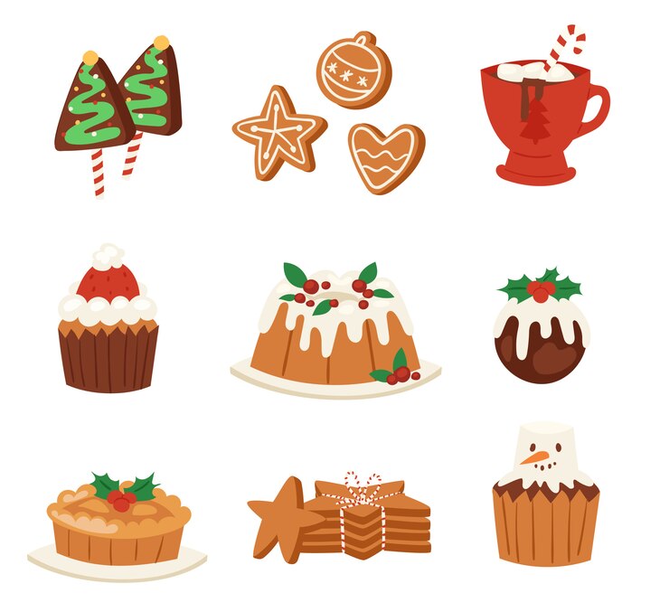 Vector makanan natal hidangan penutup dekorasi liburan makan malam keluarga natal perayaan manis ilustrasi makanan. kue musim dingin meriah tradisional pesta x-mas buatan sendiri