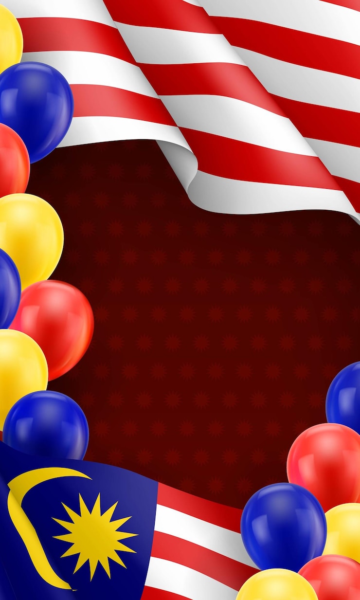 Vector malaysian patriotic banner with space for text realistic waving malaysian flag and colorful balloons decoration on vinous background independence and freedom vector illustration in national colors
