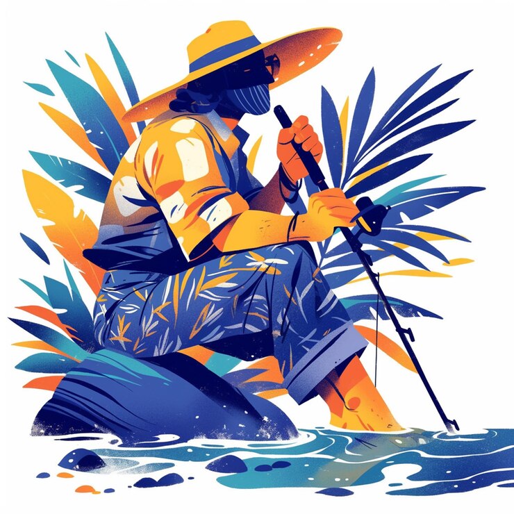 Vector maldivian man in traditional fishermans gear on coast