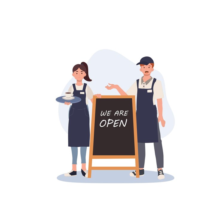 Vector male and female barista is standing at the back of welcome wood sign 'we are open' coffee shop flat vector illustration