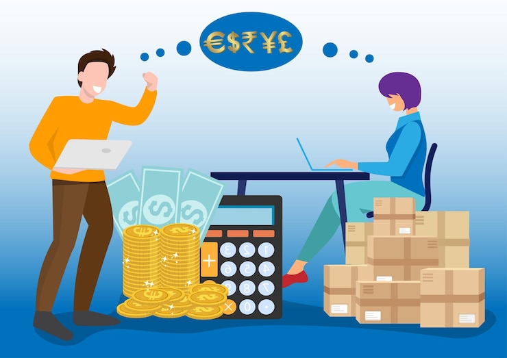 Vector male and female seller rejoicing at online trading their success is achieved through multicurrency sales