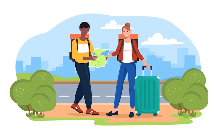 Vector male and female tourists are looking for a place on the map man and woman holding map together
