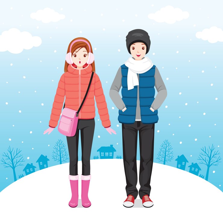 Vector male and female traveller wearing winter coat, standing in snowfall together