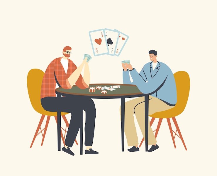 Vector male characters playing cards sitting at table in casino