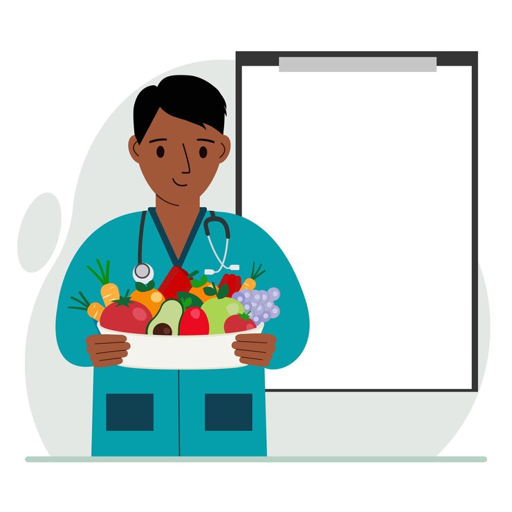 Vector male doctor with a plate of vegetables and fruits clipboard blank for your text the concept of diet proper nutrition health