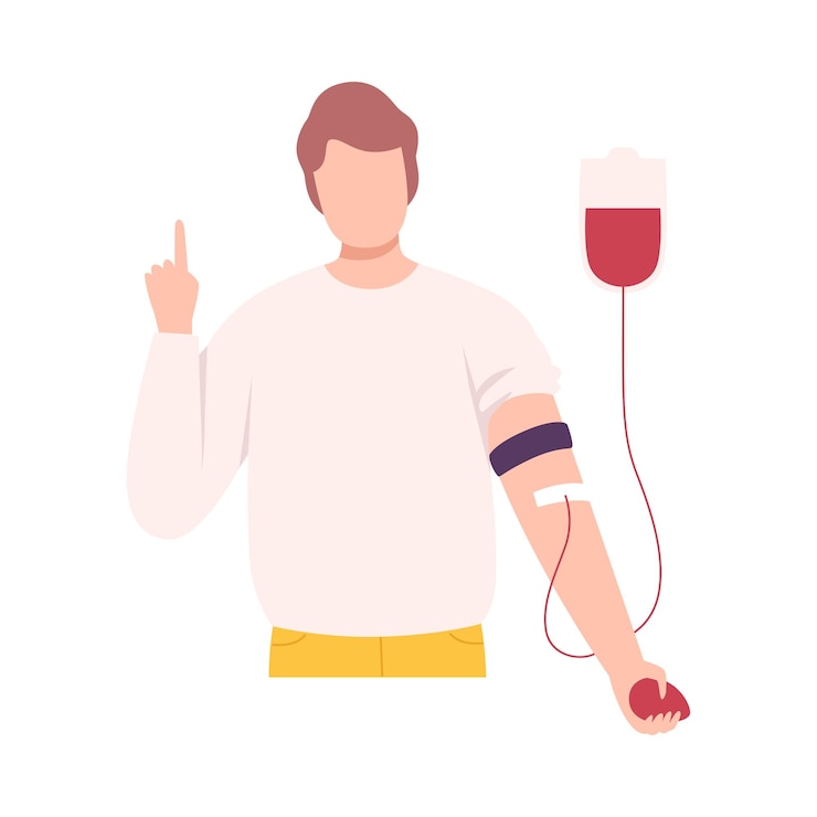 Vector male donor or volunteer character giving blood in medical hospital blood donation flat vector
