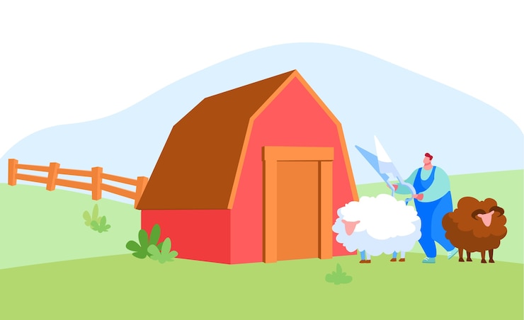 Vector male farmer shearing sheep for wool near wooden barn