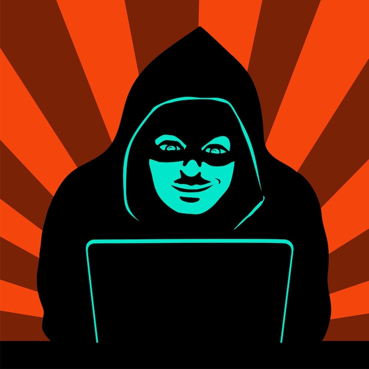 Vector male hacker at a laptop black silhouette with a closed face cyber attack vector illustration