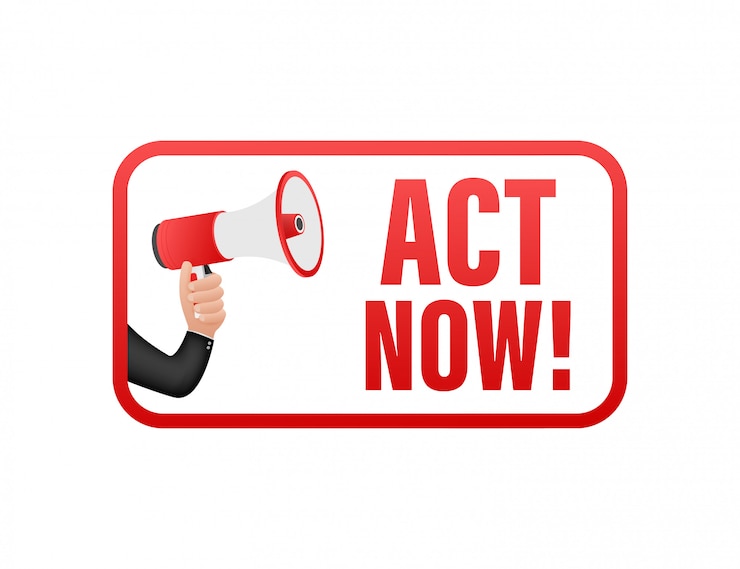 Vector male hand holding megaphone with act now speech bubble. banner for business.  illustration.