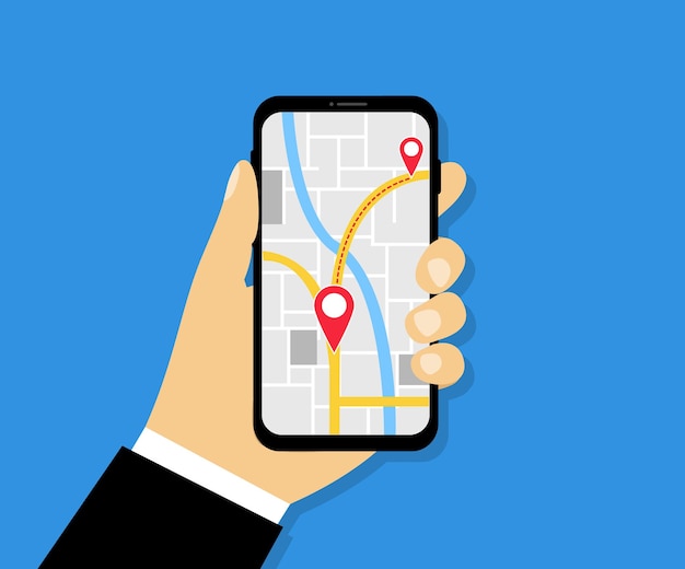 male hand holding phone with map and pointer navigation app with map