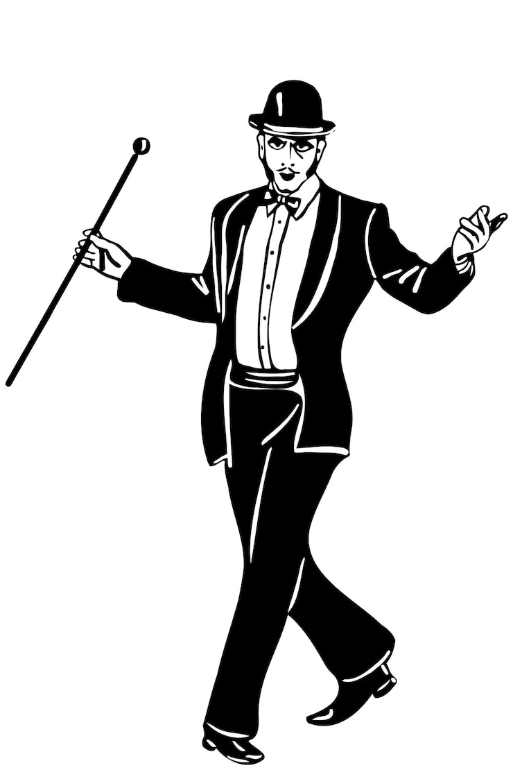 Vector male magician in a tuxedo wearing a bowler hat dancing
