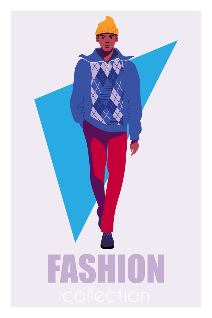 Vector male model dressed in haute couture clothing on fashion show flat vector poster