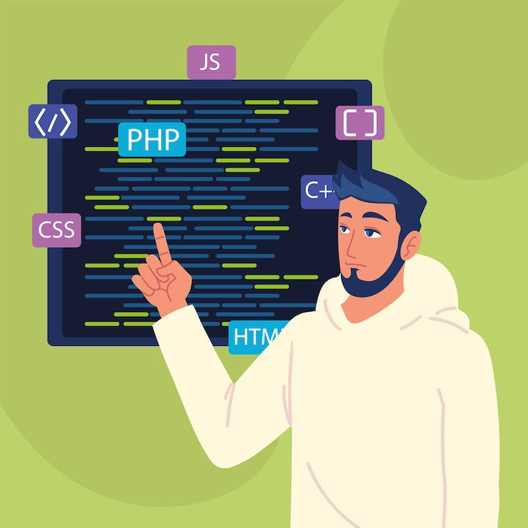 Vector male programmer with html codes