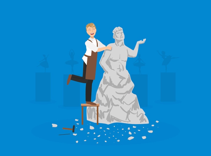 Vector male sculptor chiselling statue talented carver character creative people profession or hobby vector illustration