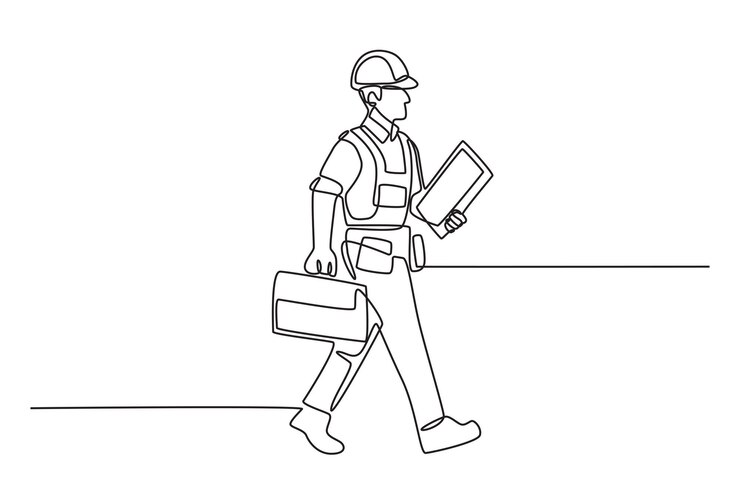 Vector male technician going to work labor concept oneline drawing