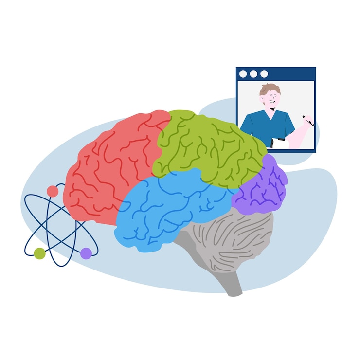 Vector maledoctorexplainworkingbrainsinflatillustration