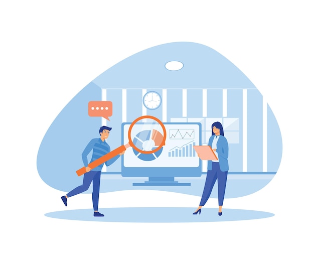 Man and girl with magnifying glass look at graphs and charts
