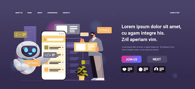Man and robot web developers creating program code on smartphone screen development of software and programming