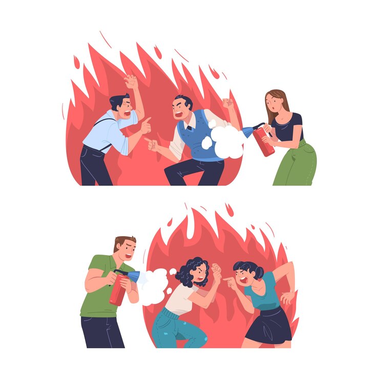 Vector man and woman character extinguishing burning angry shouting people vector set