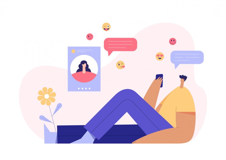 Vector man and woman chatting concept, modern character profile on display and emoji on the background. online dating application. flat   illustration.