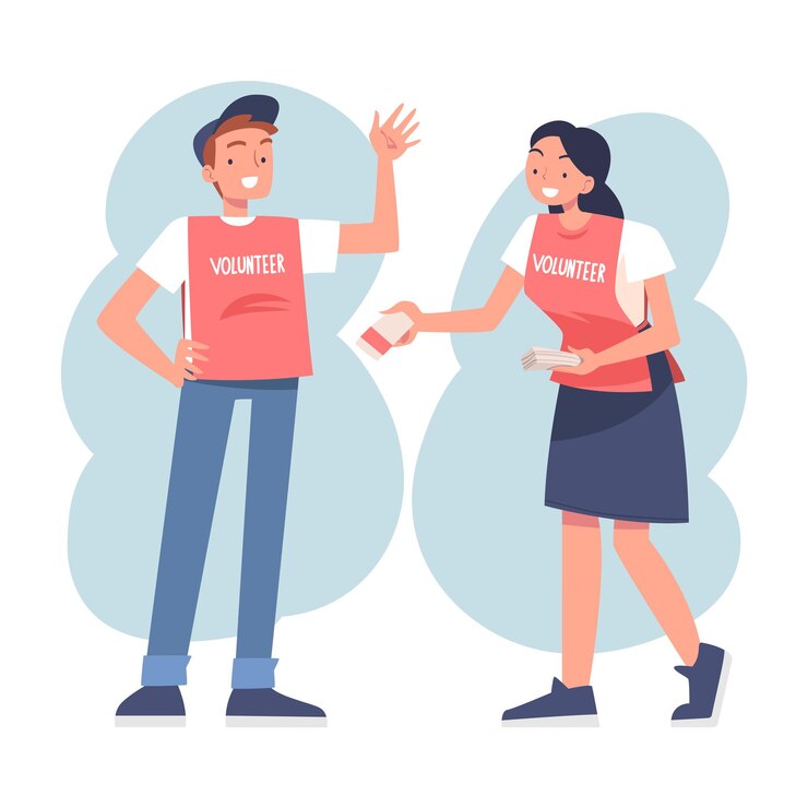 Vector man and woman volunteer character giving flyers vector illustration