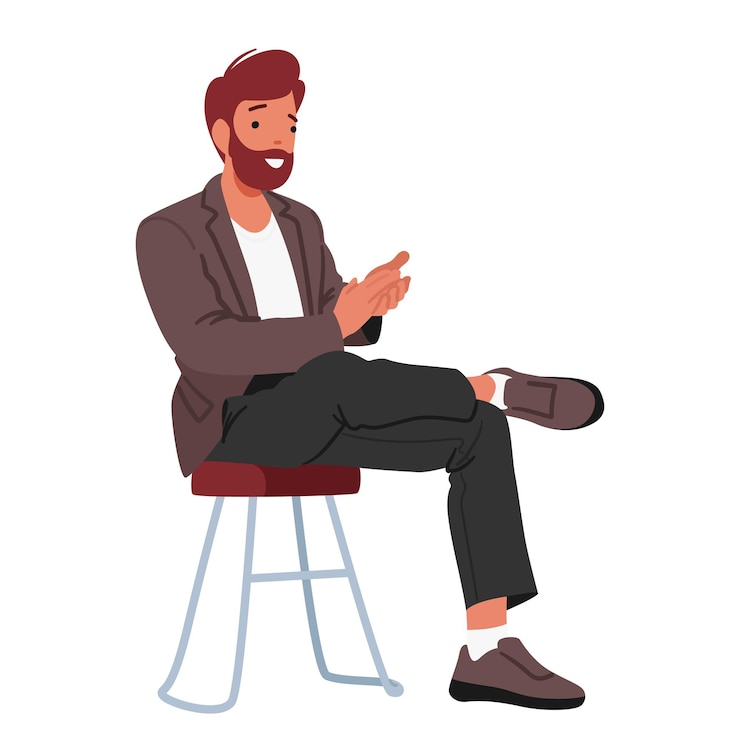 Vector man applauding sitting on chair isolated on white background happy male character cheering support friend celebrate success or victory appreciation ovation cartoon people vector illustration