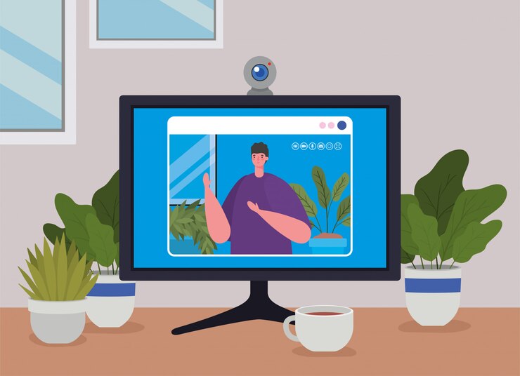 Vector man avatar on computer in video chat  