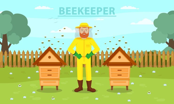 Vector man beekeeper in yellow protective suit between two hive. 