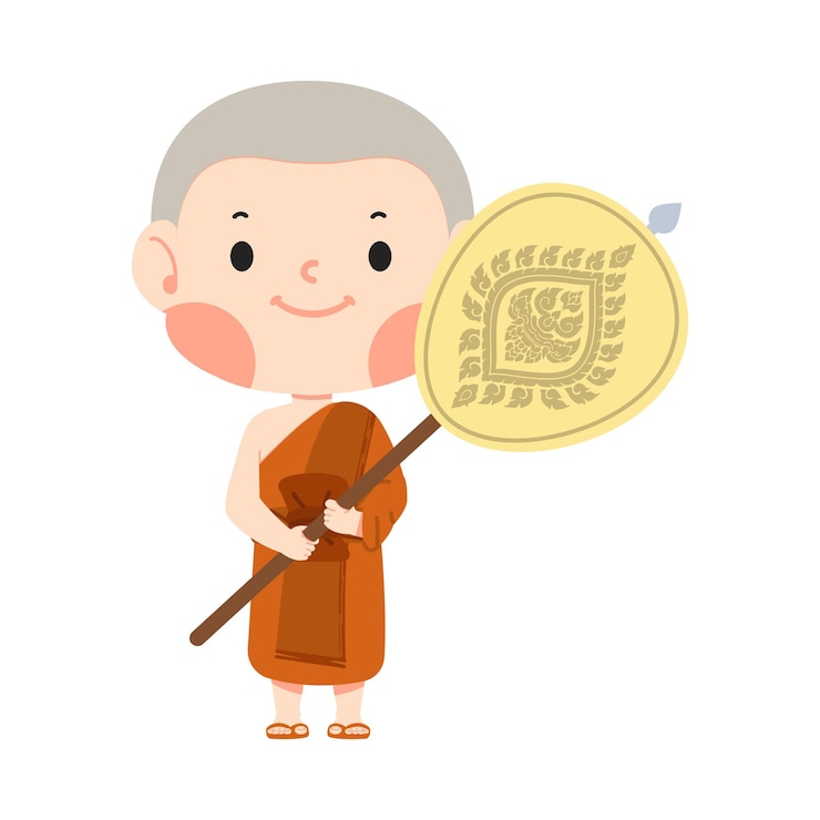 Vector man buddhist monk in traditional robes with talipot fan
