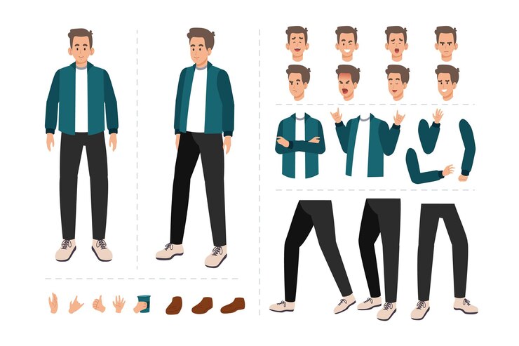 Man cartoon character for motion design with facial expressions hand gestures body and leg moveme