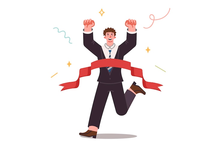 Vector man champion crosses finish line and raises hands up celebrating victory in corporate relay race