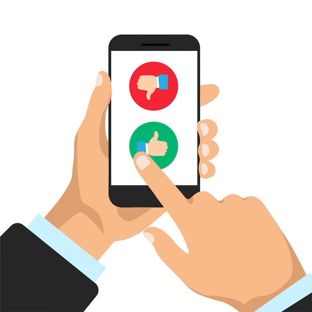 man choose like or dislike on a phone display. thumbs up and thumbs down on a smartphone.   illustration.