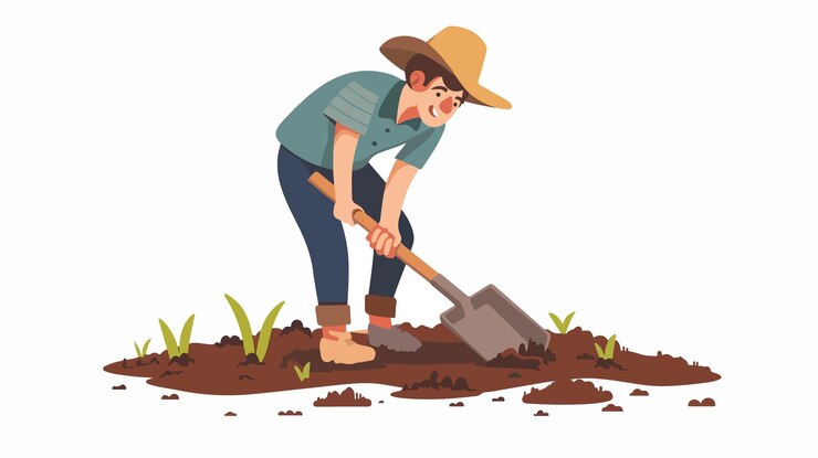 Vector man digging with shovel in gardening ground soil work