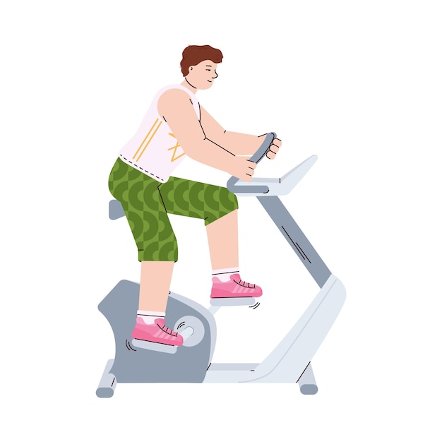 Man does sport workout on cycling machine cartoon vector illustration isolated