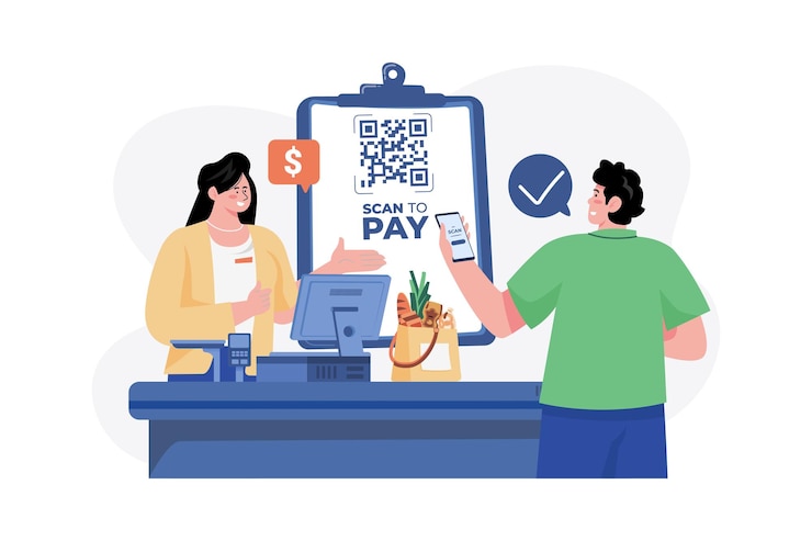 Vector man doing payment with qr scanner