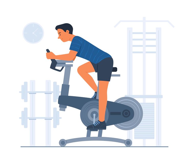 Vector man exercise with spinning bike in gym