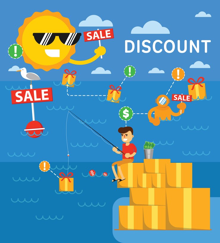Vector man fishing discounts sitting on a boxes pile
