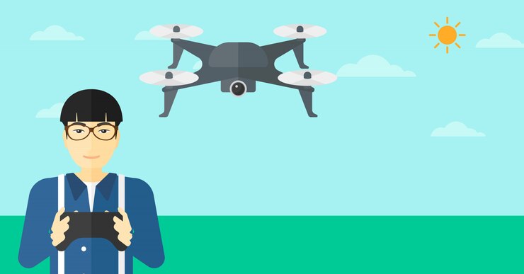 Vector man flying drone.