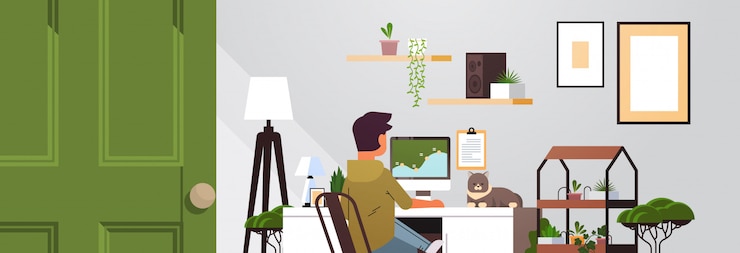 Vector man freelancer using computer monitor working at home during coronavirus quarantine freelance