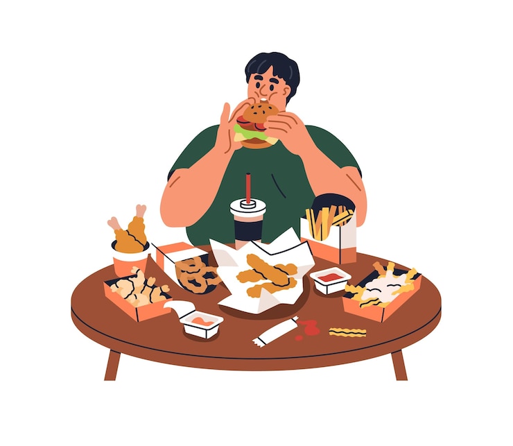 Man glutton eating fast junk food Person overeating fastfood burgers fat snacks Hungry character and unhealthy diet gluttony Flat graphic vector illustration isolated on white background