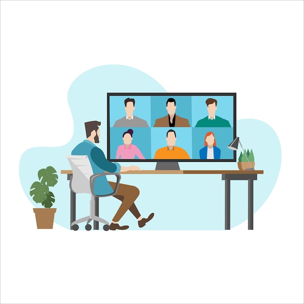 Man having a video call with colleagues using the computer. Work from home concept illustration
