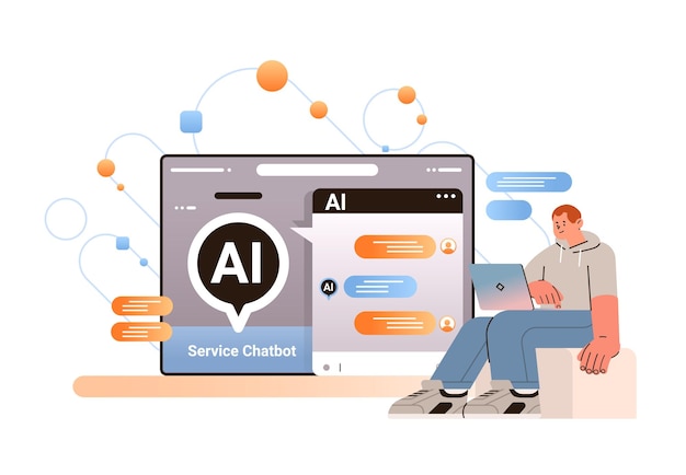 Man having dialog with chat bot asking questions and receiving answers ai chatbot assistance customer service