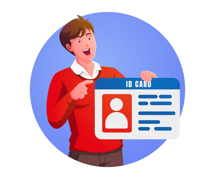 Vector man holding id, name tag, identity card with personal information