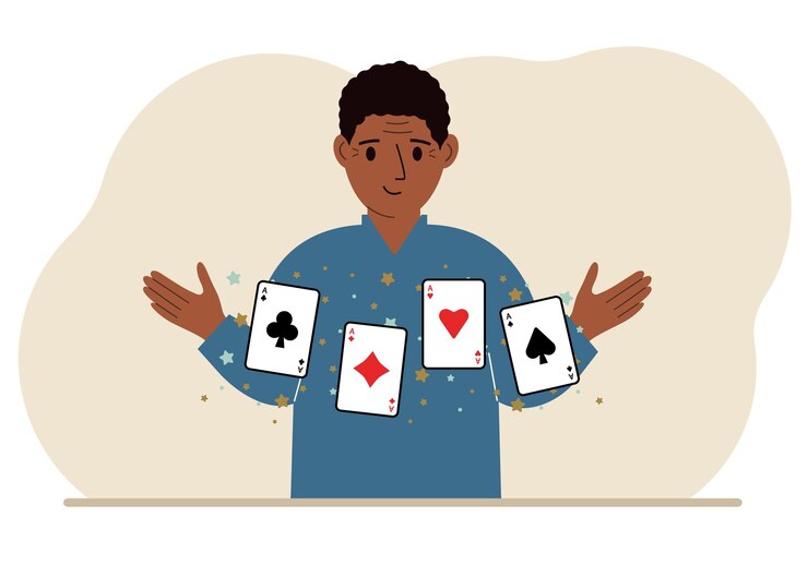 Vector man holding playing cards cards playing combination of 4 aces or four of a kind