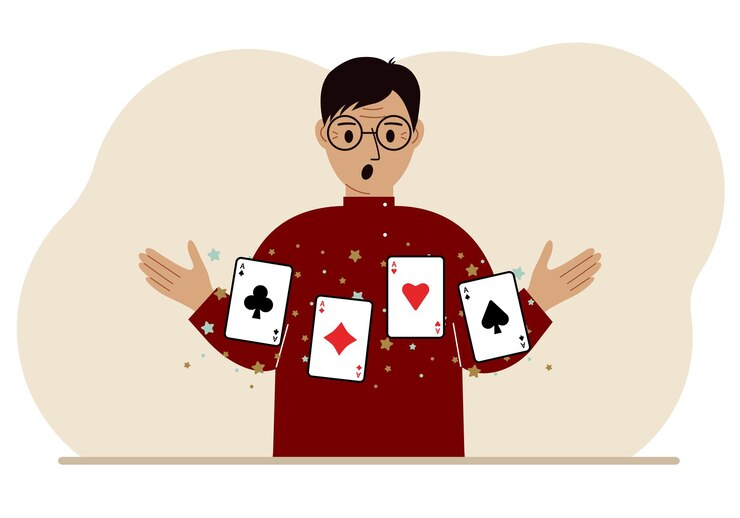 Vector man holding playing cards cards playing combination of 4 aces or four of a kind