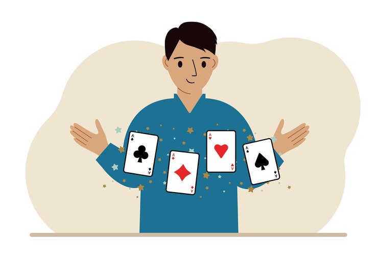 Vector man holding playing cards cards playing combination of 4 aces or four of a kind