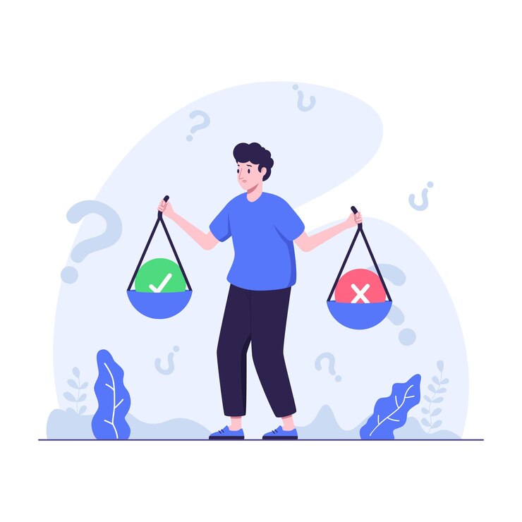Vector man holding scales with true and false on it