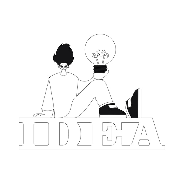 Man holds light bulb. ideas concept. Linear style, vector Illustration.