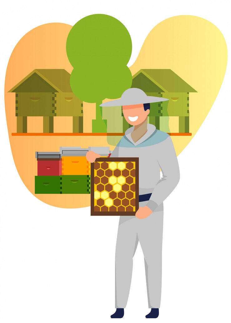 Vector man in costume holding frame with bee honeycombs.