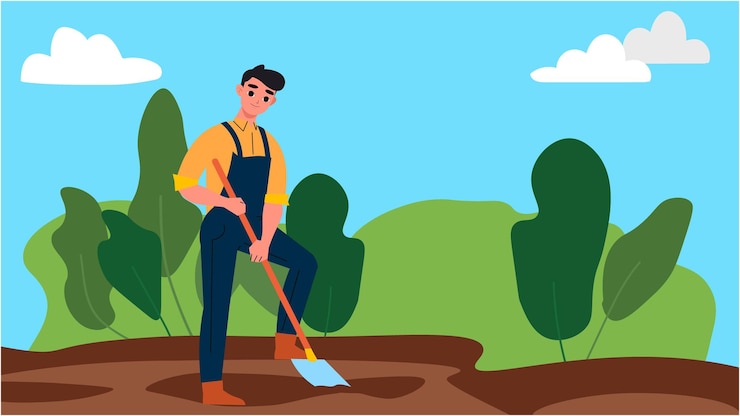 Vector man in overalls leaning on a shovel in a lush green landscape preparing soil